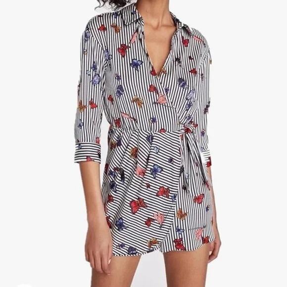 Zara Basic Butterfly Print White Black Striped Wrap Romper Vacation Cruise Sz S - Picture 1 of 12